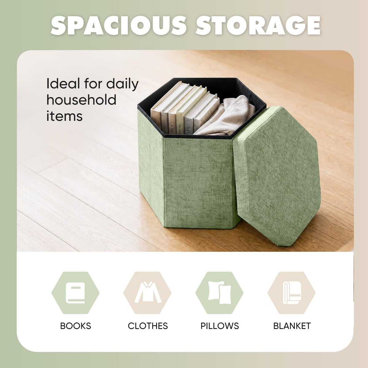 Bonlife Folding Storage Ottoman Hexagonal, Footrest with Toy Ches Box, 43cm
