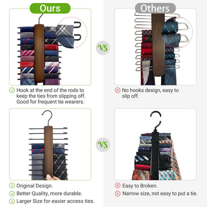 Mkono Wooden Tie Rack Retro Belt Storage Hanger Organizer for Men Closet Space Saving Rack with 20 Non-Slip Hooks for Ties Belt Scarf Organizer 360