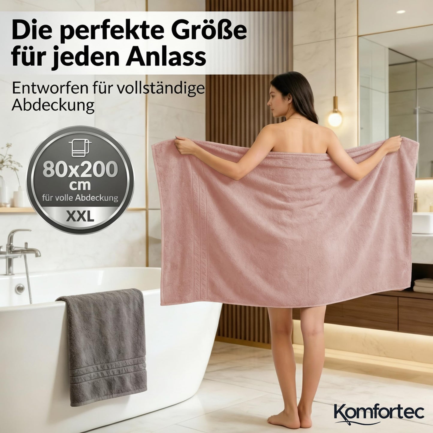 Komfortec Jumbo Bath Towels, 100% Cotton, Quick Dry, 80x200, Grey & Pink