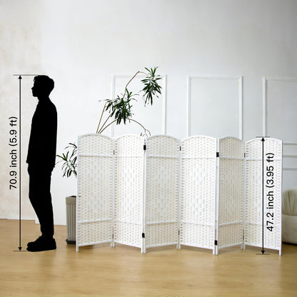 Furnnylane 6 Panel White Rattan Divider Short Room Partition Screen,Double Sided Short Folding Divider for Room Separation,120 cm Tall