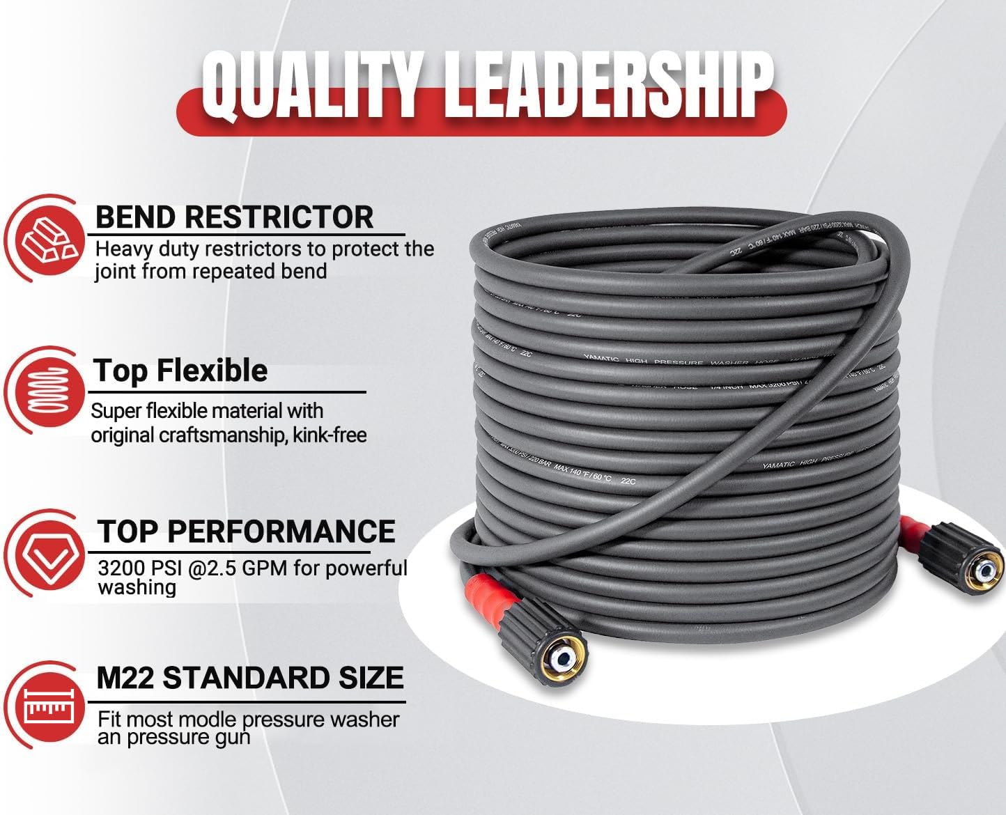 YAMATIC Super Flexible Pressure Washer Hose 15M/50FT 1/4", Kink Resistant 3200 PSI/220 Bar Heavy Duty Power Washer Extension Replacement Hose with
