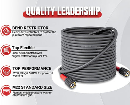 YAMATIC Super Flexible Pressure Washer Hose 15M/50FT 1/4", Kink Resistant 3200 PSI/220 Bar Heavy Duty Power Washer Extension Replacement Hose with