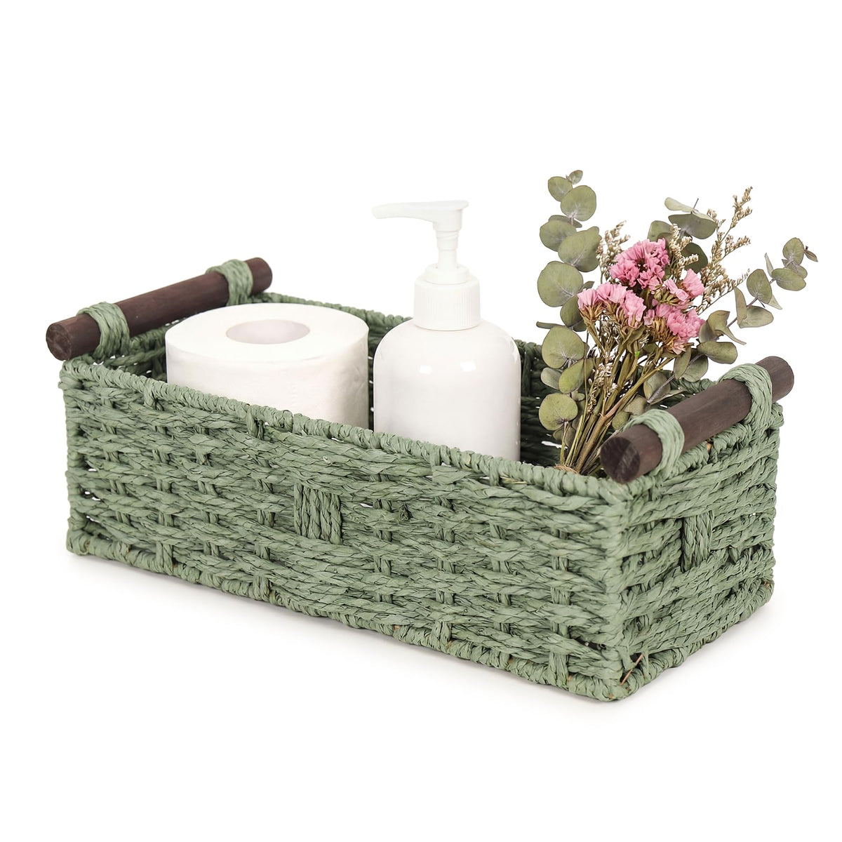 Paper Rope Storage Wicker Baskets for Toilet Tank Top with Wooden Handle Small Decorative Organizer Bin Rectangular Tray for Countertop Shelf Green
