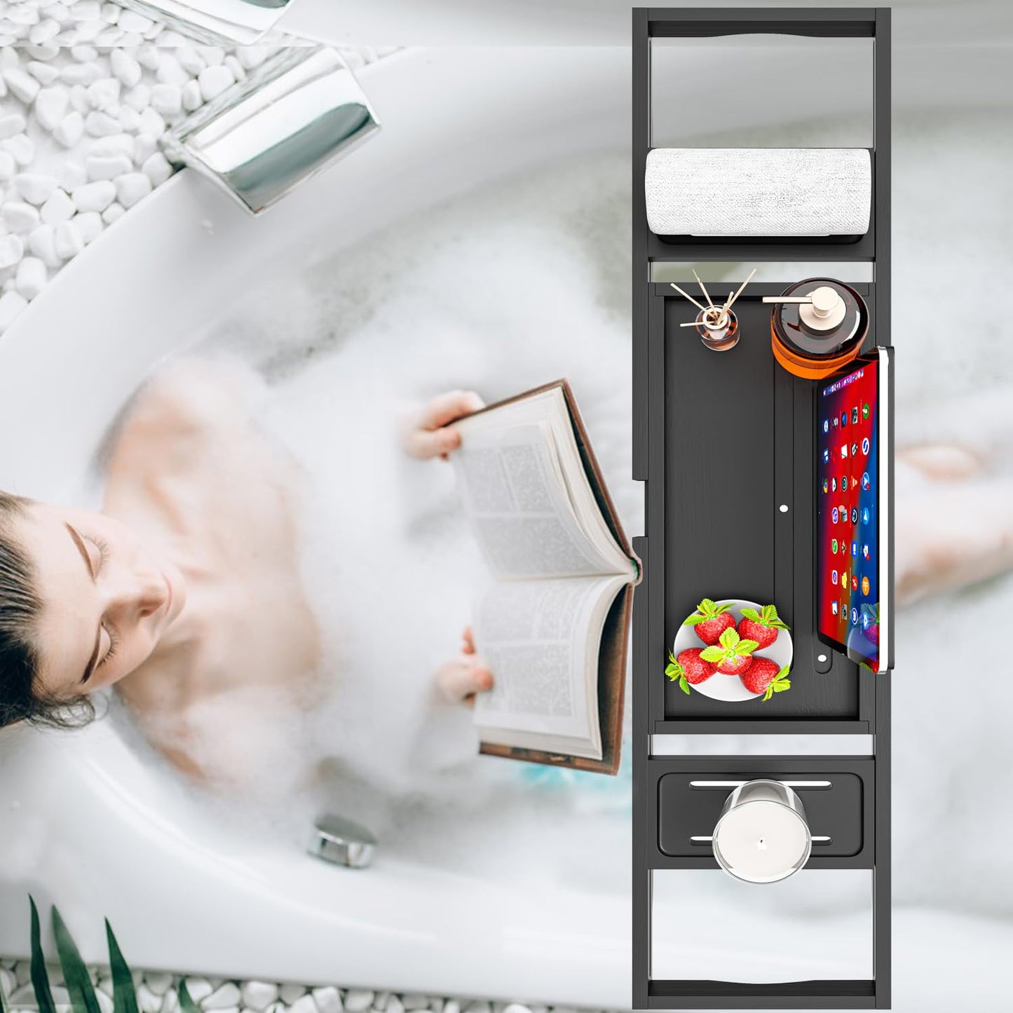 Premium Batht Tray Black - Expandable Bamboo Wooden Bath Trays for Bathub - Bath Tub Table Tray for Bathtub/Tub,Adjustable Size, Fits Most Tubs