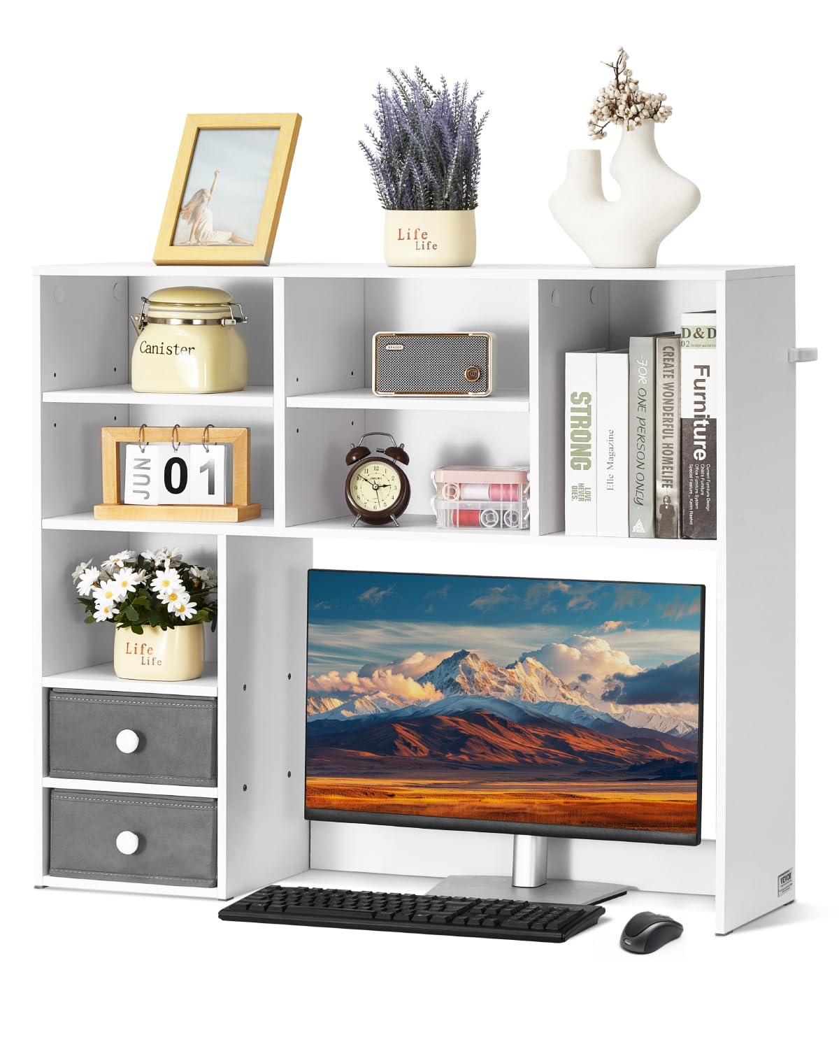 VEVOR Desktop Bookshelf, 3-Tier Desktop Storage Organizer, 37" x 10" x 31.1" Office Storage Rack Wood Display Shelf