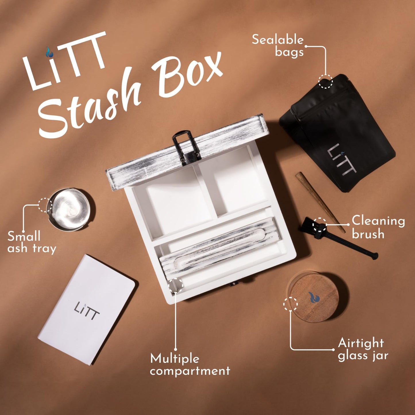 LITT Small Stash Box – Premium Wooden Storage Organiser with Lock, Airtight Smell-Proof Container, Resealable Mylar Bags, Rolling Tray & More