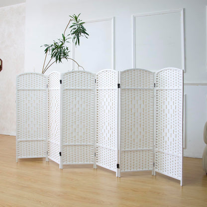 Furnnylane 6 Panel White Rattan Divider Short Room Partition Screen,Double Sided Short Folding Divider for Room Separation,120 cm Tall