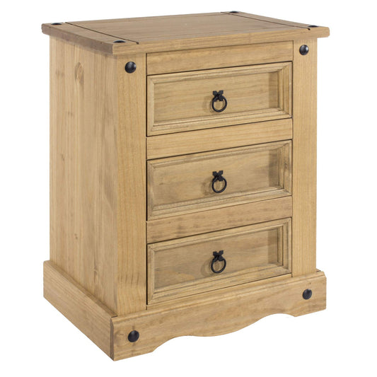 Home Source Corona Distressed Waxed Pine 3 Drawer Bedside Nightstand