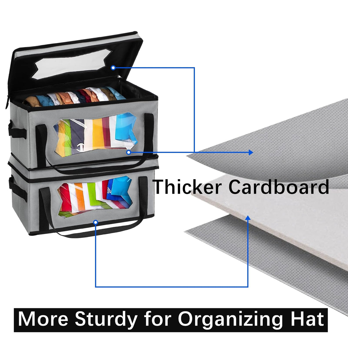 Yopay 2 Pack Stackable Hat Organzier for Baseball Caps, Thicker Hat Storage Boxes for Closetwith Cardboard, Up to 30 Hats, Grey