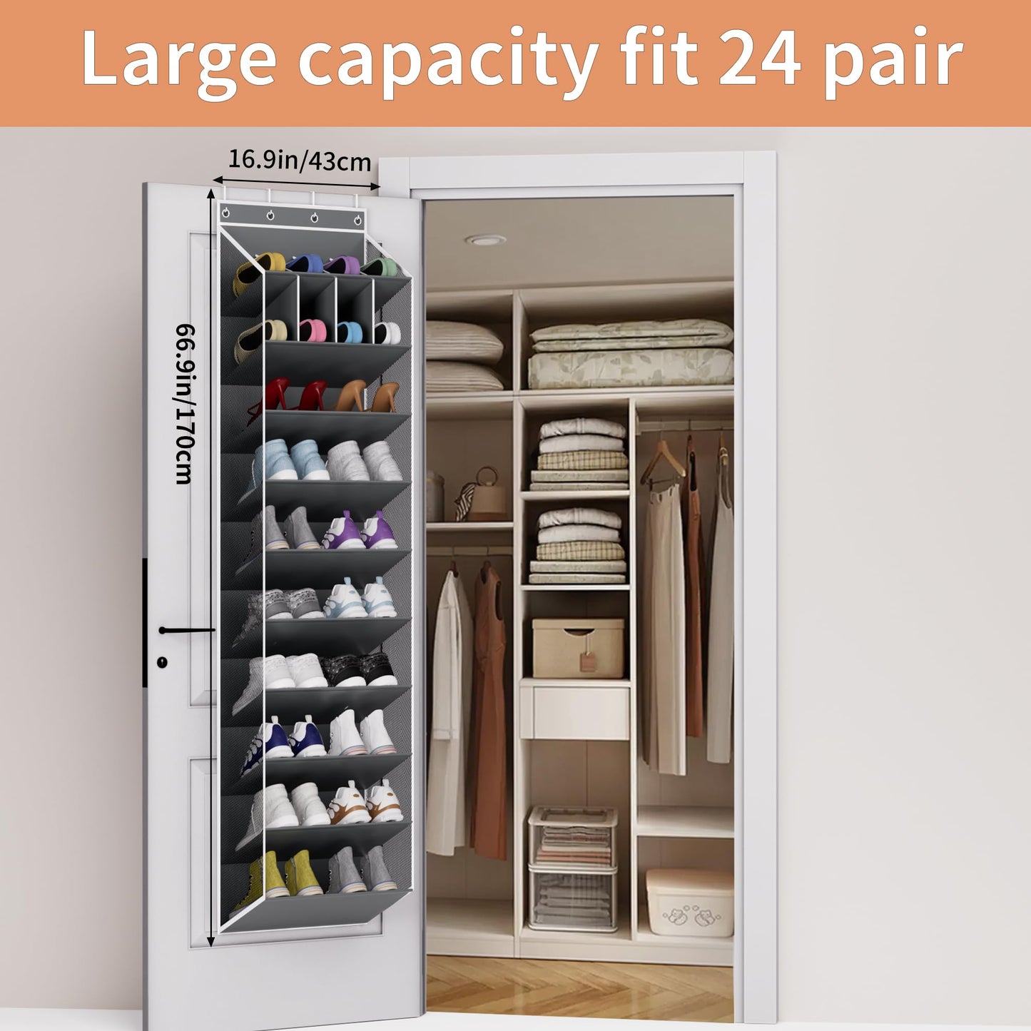 KYEVIS 10 Tier Over Door Shoe Storage Organiser with Deep Pockets, Large Capacity Hanging Storage Rack for Sneakers, Boots