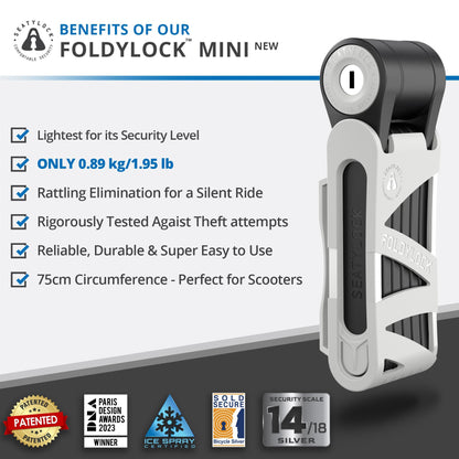 FoldyLock Mini Folding Bike Lock - Patented Lightweight Bicycle Lock - Heavy Duty Anti Theft Smart Secure Guard with Key and Case for Electric Scooter