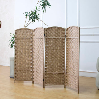 Furnnylane 4 Panel Light Brown Rattan Divider Short Room Partition Screen,Double Sided Short Folding Divider for Room Separation,120 cm Tall
