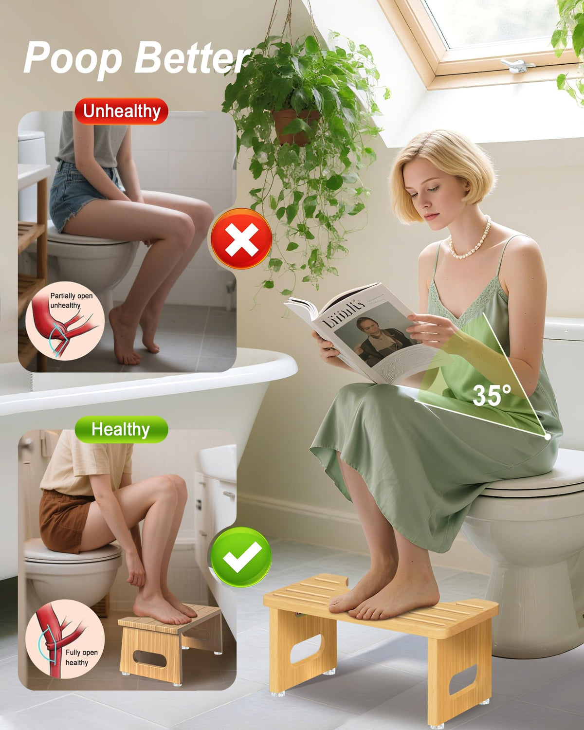 Foldable Toilet Stools, 17.8 CM Wooden Toilet Stool with Anti-Slip Feet, Space Saving, 35° Durable C Shaped Stool (Yellow)