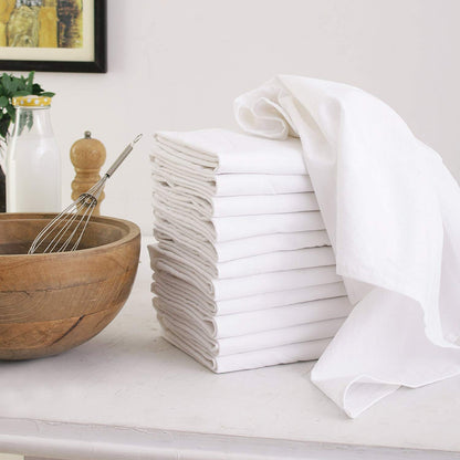 DG Collections Flour Sack Dish Towels, 100% Cotton, Set Of 12 (27 X 27 Inches), Vintage Multi-Purpose White Kitchen Towels, Very Soft