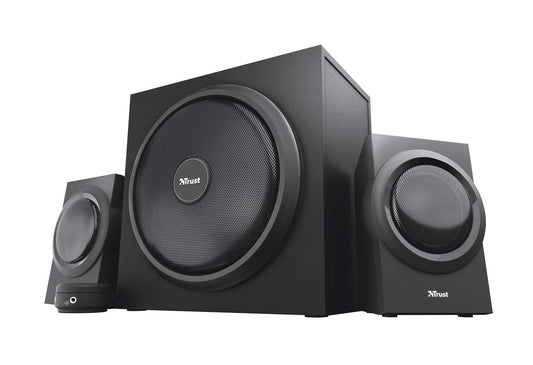 Trust Yuri 2.1 Speaker Set with Wooden Subwoofer, 120W (60W RMS), UK Plug, PC Speakers with Dynamic Bass, Wired Volume Control, Sound System for