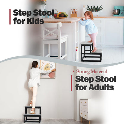 LIANTRAL Step Stools for Adults Kids, 2 Step Stool, Heavy Duty Steel and Sturdy Wooden Step Stool Helper, Supports Up to 200 kg, Foot Stool for High