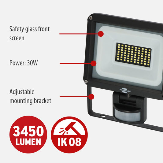 Brennenstuhl LED Spotlight JARO 4060 P (LED Wall Floodlight for Outdoor use IP65, 30W, 3450lm, 6500K, with Motion Detector and Twilight Sensor)