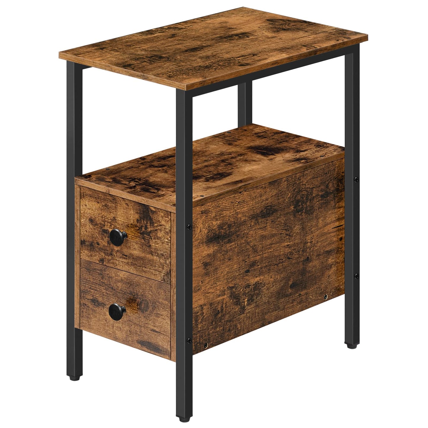 HOOBRO Narrow Side Table, Slim Bedside Table with 2 Drawers, Open Storage Shelf, Industrial Chair Side Lamp End Table for Small Space, Wood Bedroom