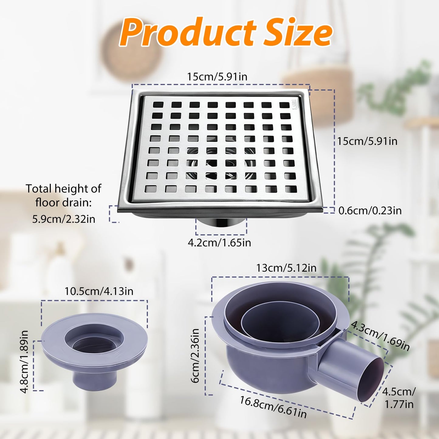 Aartner Shower Drain Square Stainless Steel Floor Drain, 15 x 15 cm, Floor Drain Shower, Hair Filter, 2-in-1 Tileable Drain Channel, Shower Drain
