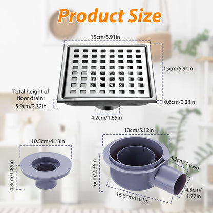 Aartner Shower Drain Square Stainless Steel Floor Drain, 15 x 15 cm, Floor Drain Shower, Hair Filter, 2-in-1 Tileable Drain Channel, Shower Drain