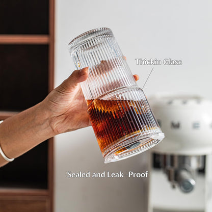INSETLAN 600ml Ribbed Glass Tumblers with Lids and Glass Straws Set of 4, Leakproof Glass Cup with Straw and Lid, Thickened Glass, Ideal for Iced