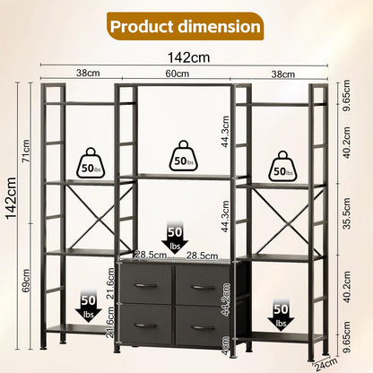 VERMESS 142W x142HcmTriple Book Shelf, Triple Bookshelf, 4 Tier Industrial Bookshelf for Home & Office