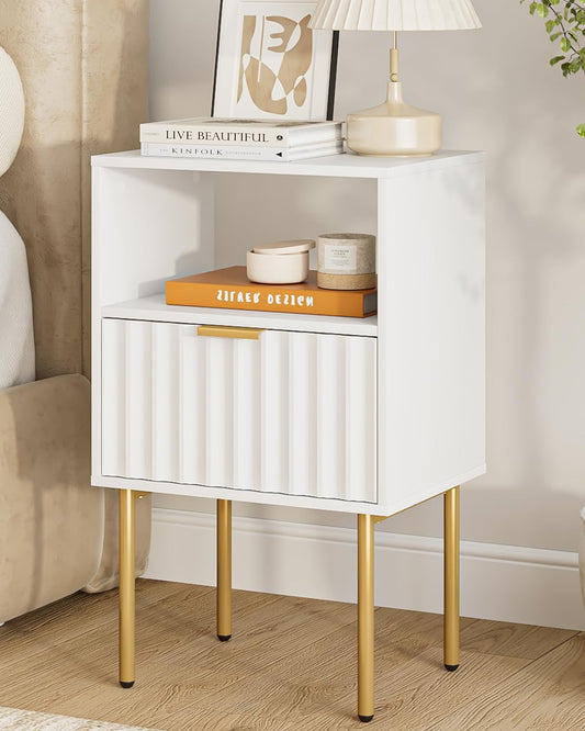 Apetaccat White Wooden Bedside Table with Gold Frame,Nightstand Drawer and Shelf,Modern Bedroom Furniture for Living Room or Bedroom, White,Large