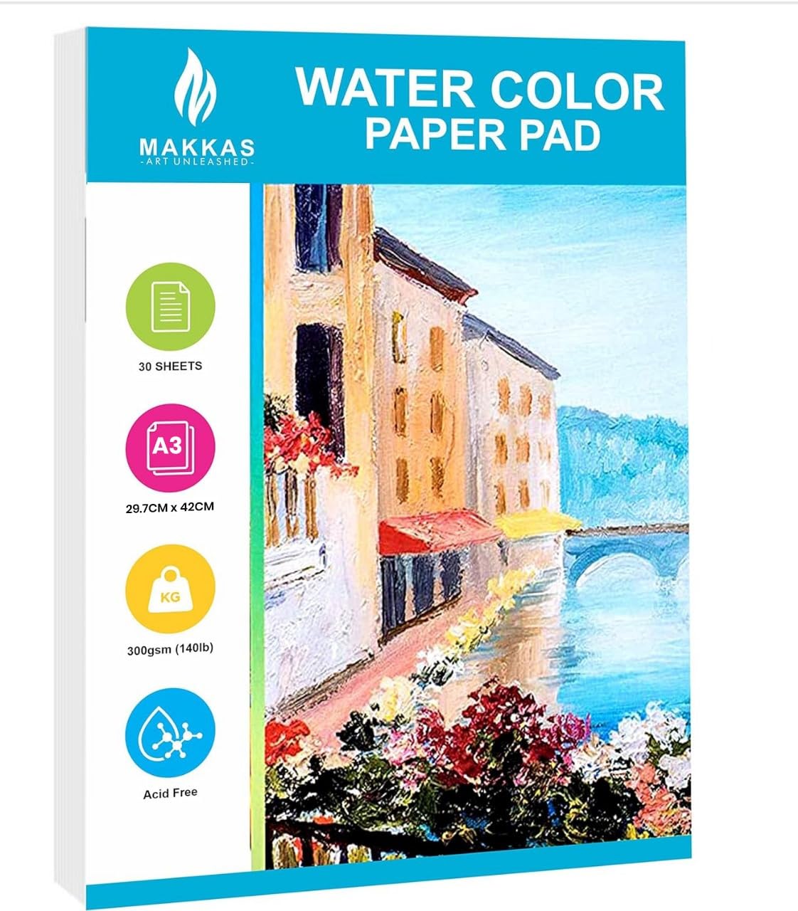 Makkas Watercolour Paper Pad A3 30 Sheets 140lb / 300gsm Cotton Blend Student Grade | Includes Pad Only | Cold Pressed & Acid Free Watercolour