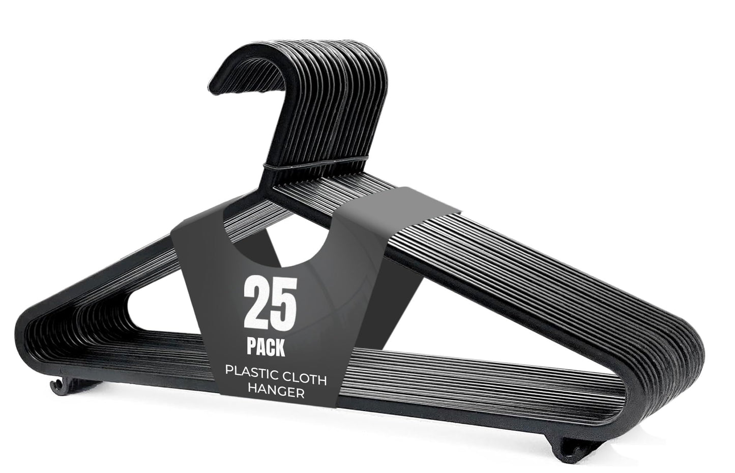 25pk Adult Plastic Coat Hangers, Black Colour Strong Clothes Hangers for Closet, Space Saving Hangers with Suit Pants Trouser Bar, and Strap Hooks
