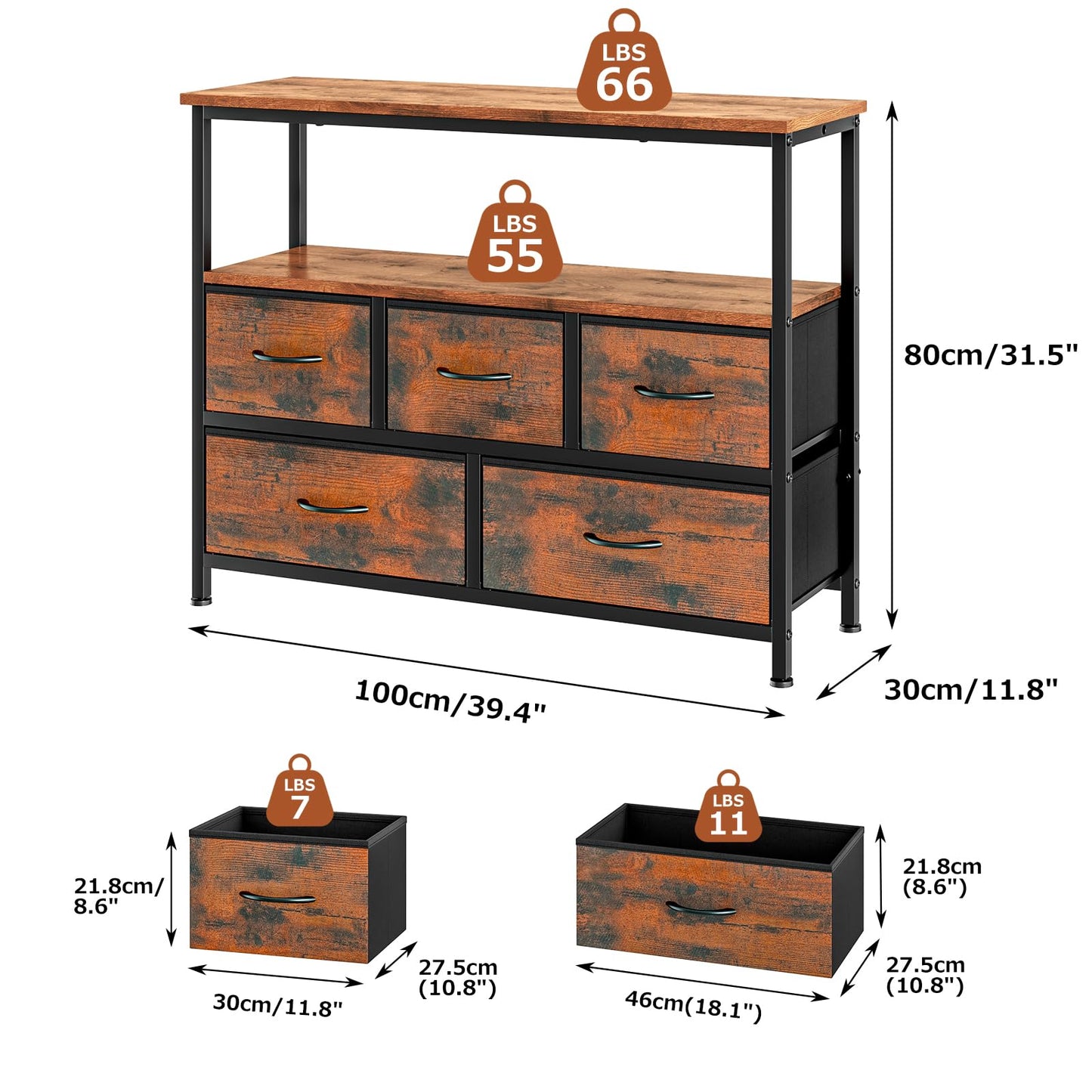Taotigzu TV Stand with 5 Fabric Drawers,TV Cabinet for TVs up to 65”(Brown)