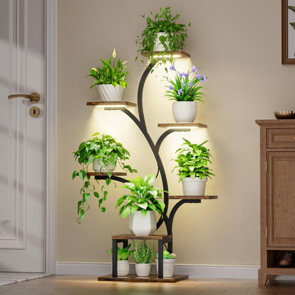 BACEKOLL Plant Stand With Grow Lights, 7 Tiered Indoor Plant Shelf, 49" Corner Plant Stands, Metal Flower Display Shelves, Tree-Shaped Plant Rack for