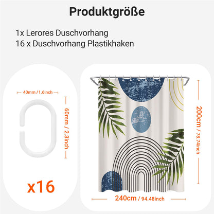 Lerores Shower Curtain, 240 x 200 cm, Blue Leaves Line, Weighted Hem, Anti-Mould Textile, Water-Repellent