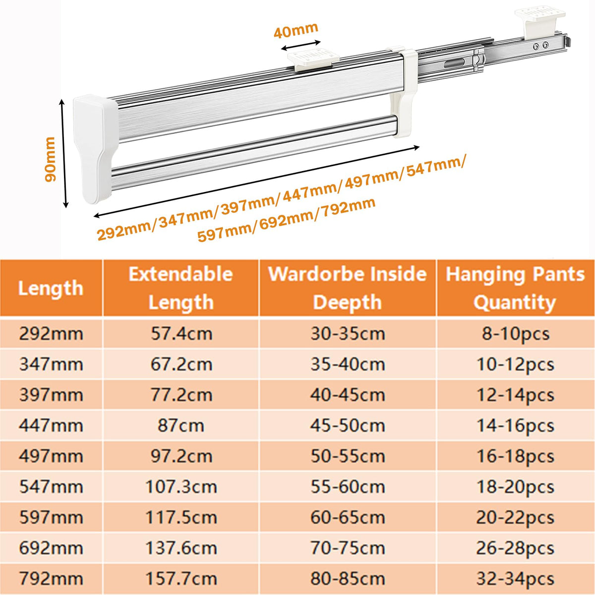 MAFAGE Pull Out Clothes Rail, Adjustable Wardrobe Rail Hanger Rack 292mm