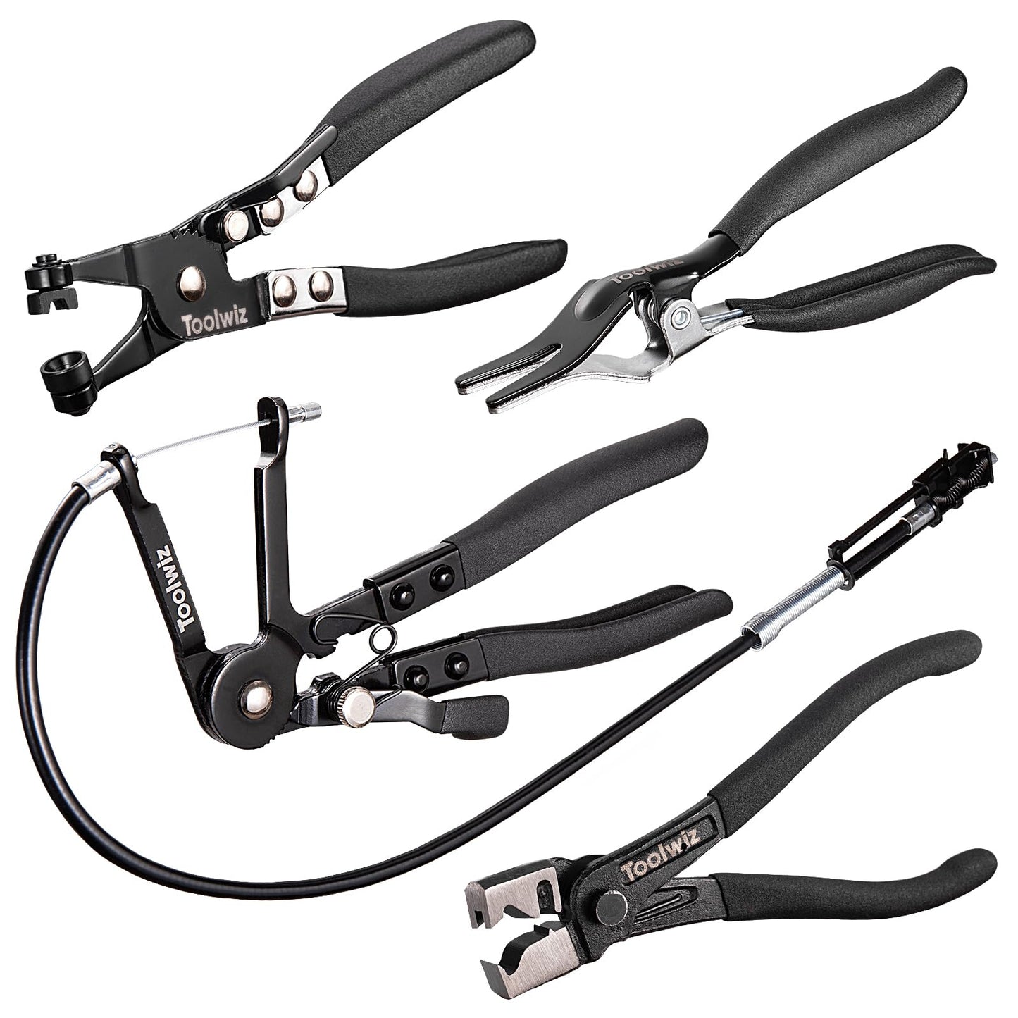 Toolwiz 4 Pcs Hose Clamp Pliers, Hose Clip Pliers Includes 27" Long Reach Wire Spring, Flat Band, Remover, and Clic-R Type Clamp Tool