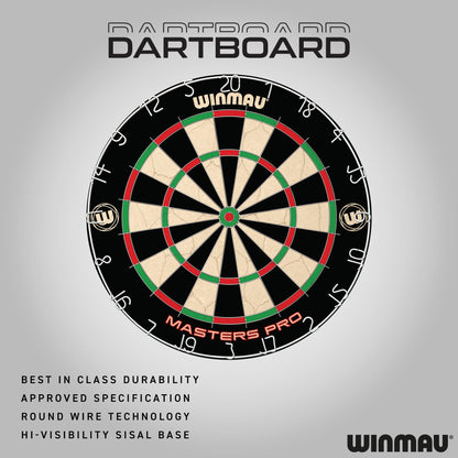 Winmau Darts - Masters Pro Premium Bristle Dartboard Set - Includes Dart Board, Darts, Flights, Shafts and Oche Strip - Professional Steel Tip