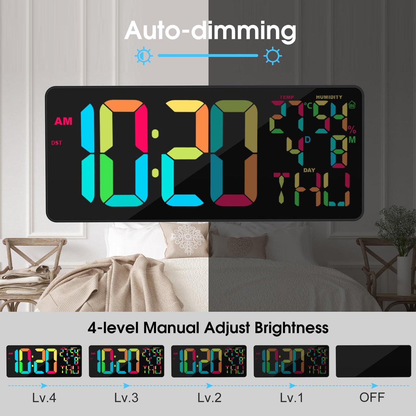 XREXS 18 Inch Digital Wall Clock Large Display, 10 RGB Color Changing Extra Large Digital Wall Clock with Remote Control, Date, Temp/Humidity, Auto