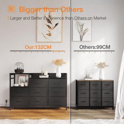 ODK Black Chest of Drawers Bedroom, Contains 2 USB & 2 AC Ports Sockets, 8 Fabric Drawers Multi-functional Drawers Suitable for Bedrooms,Living Rooms,