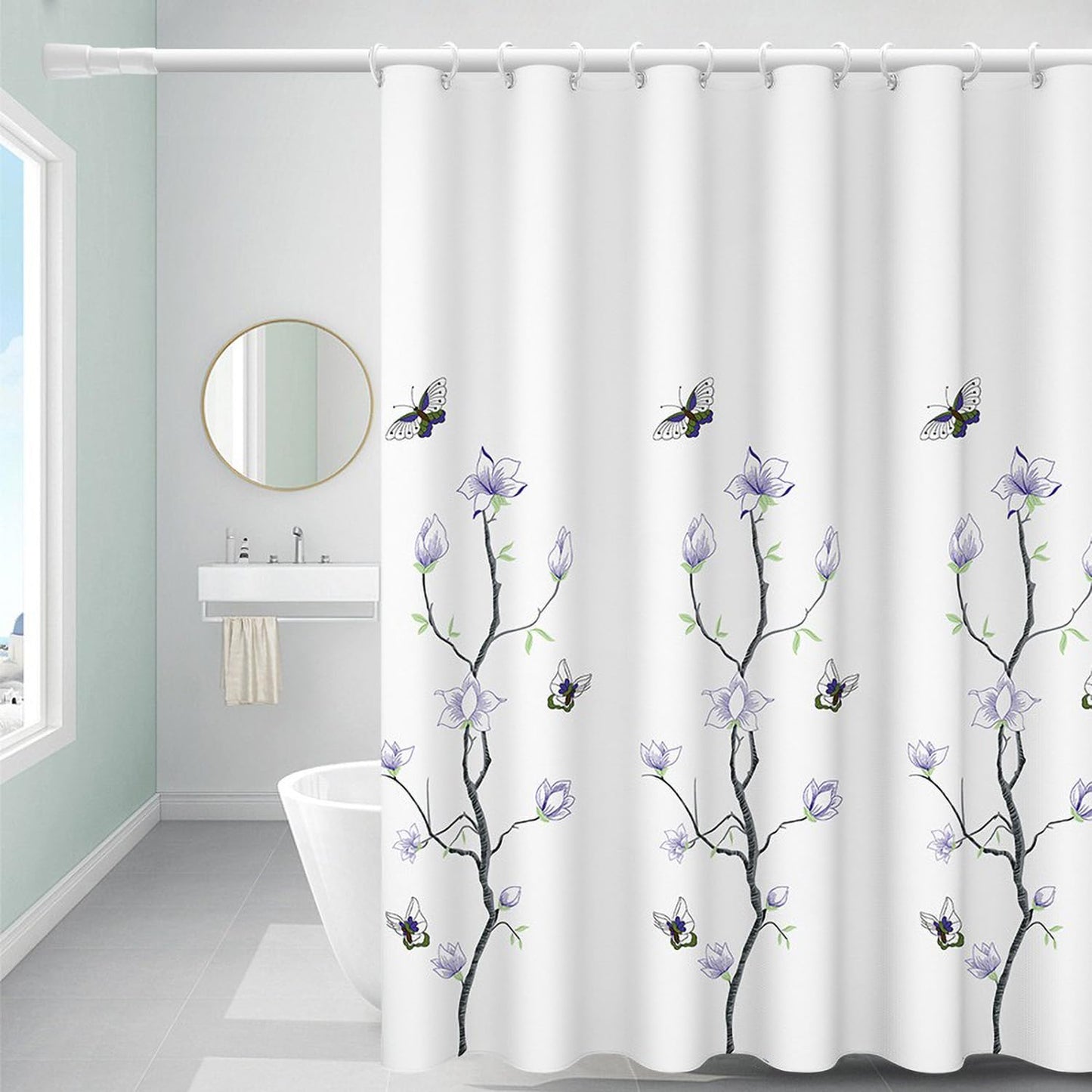 FSZhenZuan Shower Curtain 200 x 200 cm Drop Water Repellent Anti Mould Wet Room Shower Curtain with Hooks Washable Polyester Fabric Flowers Butterfly