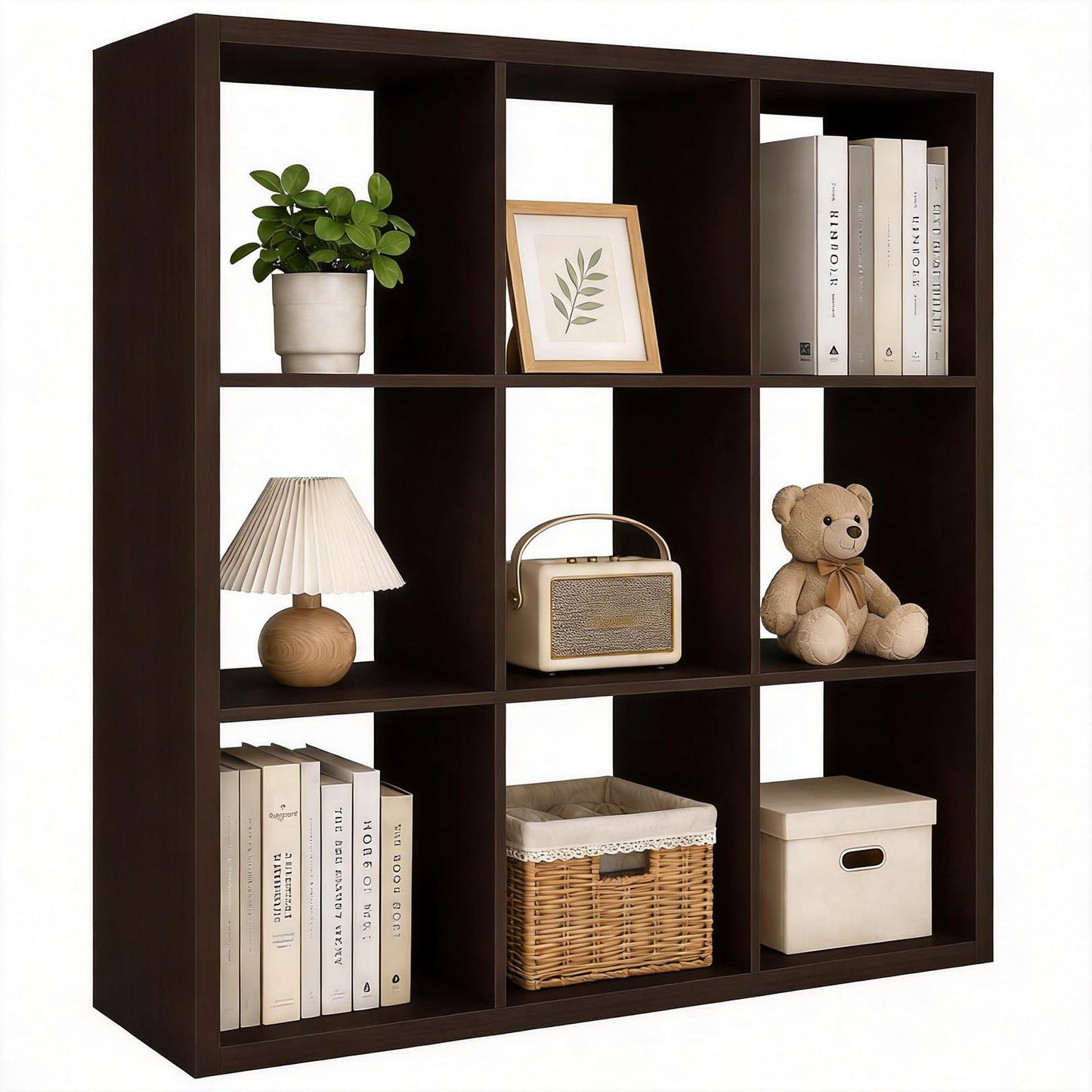 CTESNE【Wooden Thick Frame 9 Cube Storage Organizer Shelf with Anti-Tipping Kits + Reversible Open Back Bookcase