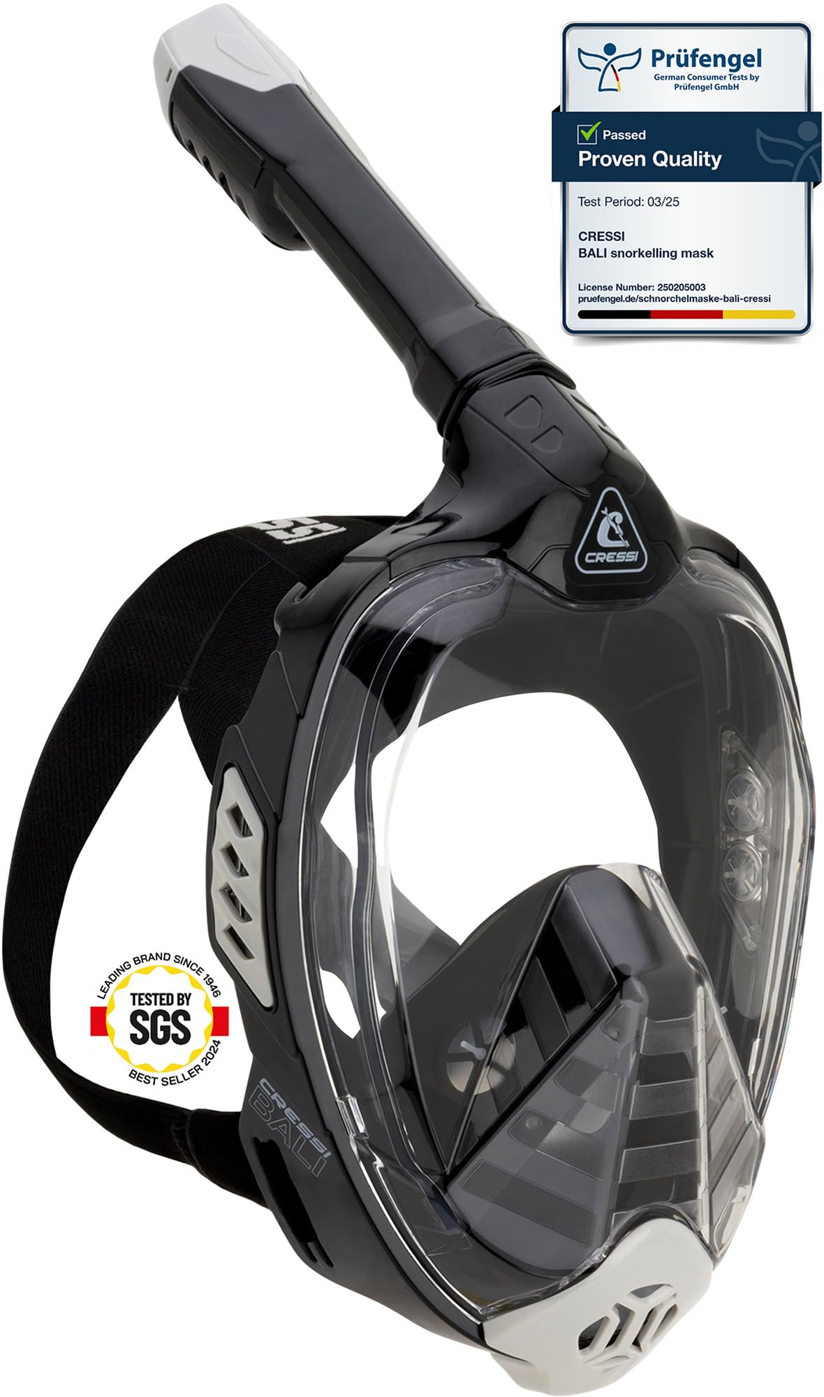 CRESSI Bali Full Face Mask Black/Grey S/M - Unisex Integral Snorkel Mask, Anti Fog Clear Lens, 100% Silicone, Dry Snorkel with Float Valve, Action Cam