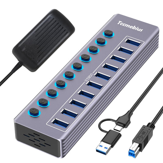 Tccmebius Powered 10-Port USB 3.0 Hub, USB C to 10 Ports USB Data Hub Splitter with Individual LED On/Off Switche, 3.3FT Cable, 12V/3A Power Adapter,