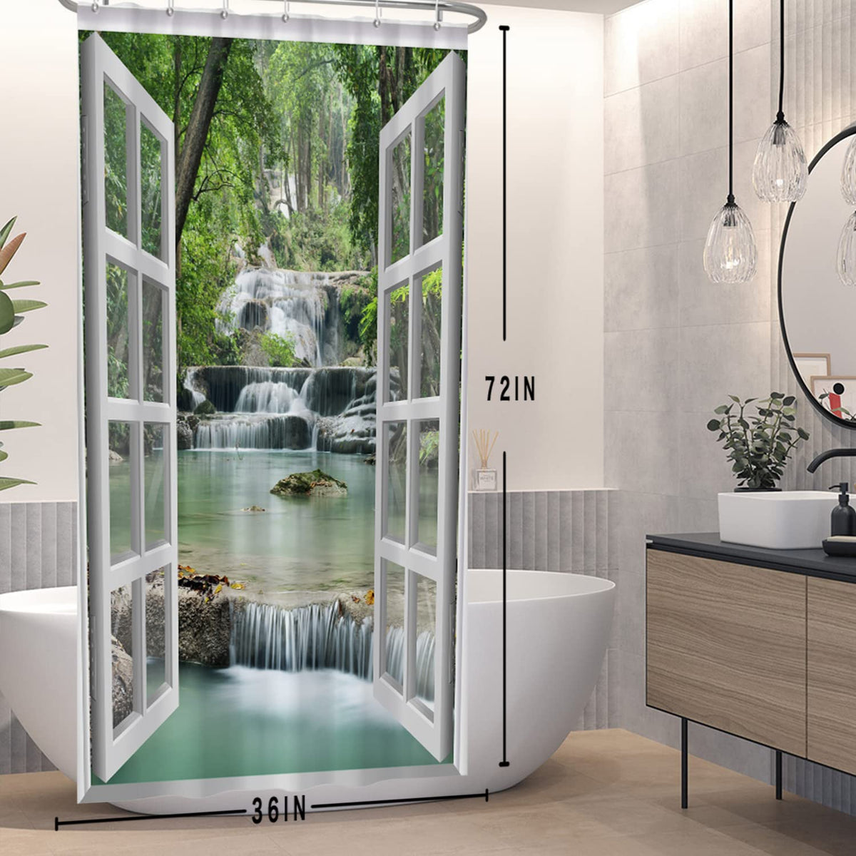 SDOTPMT 180x180cm Window View Shower Curtain Spring Waterfall Trees Natural Scenery Wilderness Landscape Bath Curtain White Window Picture Modern Art