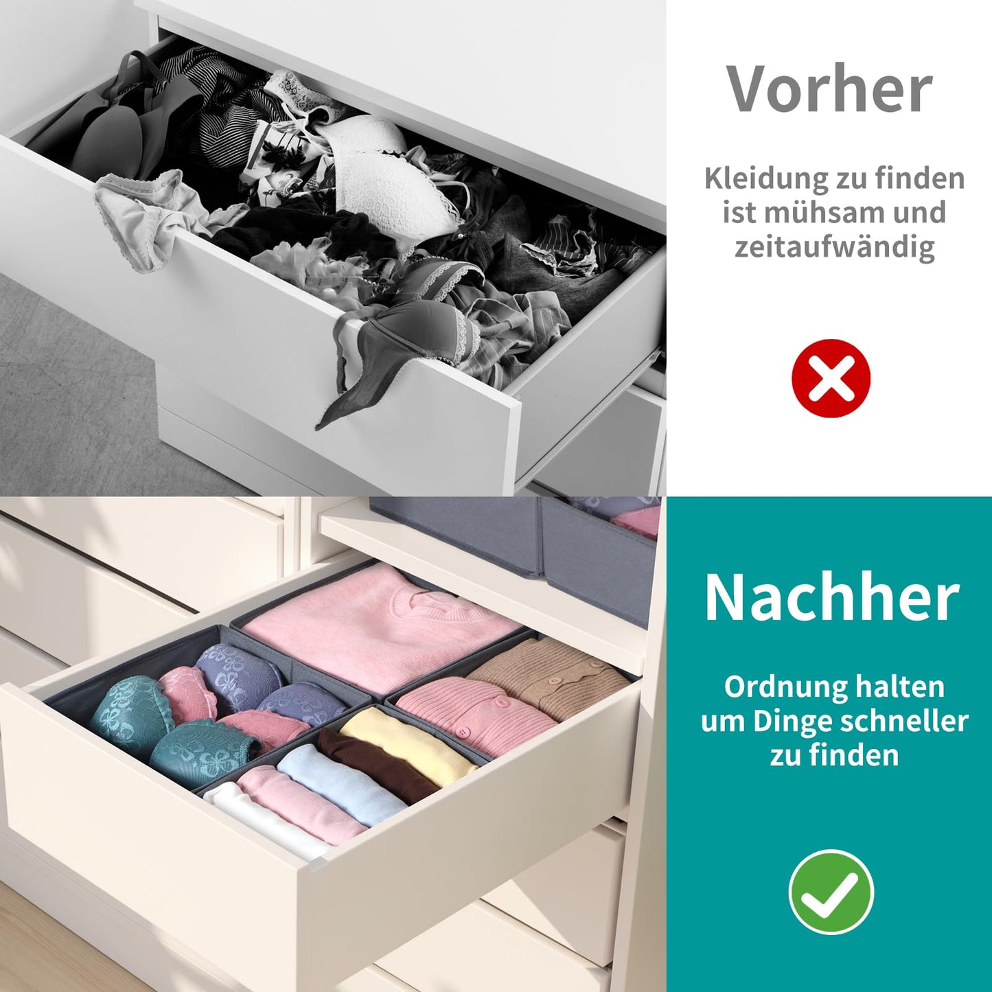 ORLISA Drawer Organiser for Clothes, Compatible Fit, Sturdy Base, Foldable, Storage Box, Cupboard Organiser for Baby Clothes, Pack of 4