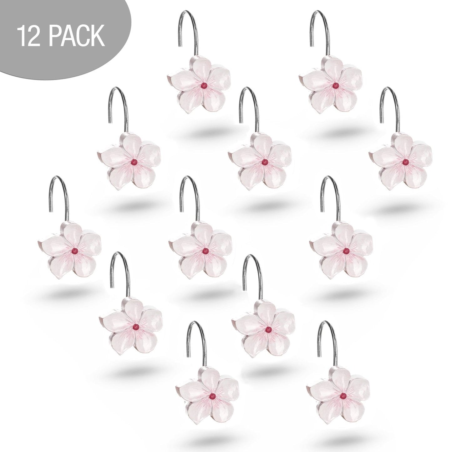 Creative Scents White Shower Curtain Hooks - Set of 12 White & Pink Flower Shower Curtain Hooks - Decorative Shower Curtain Rings for Shower Curtain