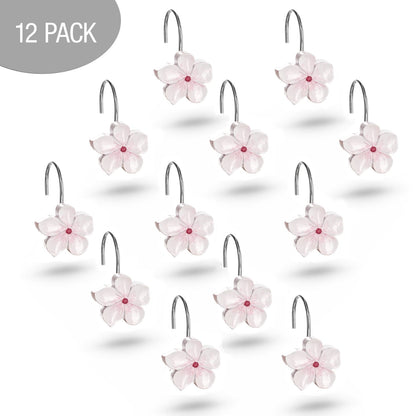 Creative Scents White Shower Curtain Hooks - Set of 12 White & Pink Flower Shower Curtain Hooks - Decorative Shower Curtain Rings for Shower Curtain