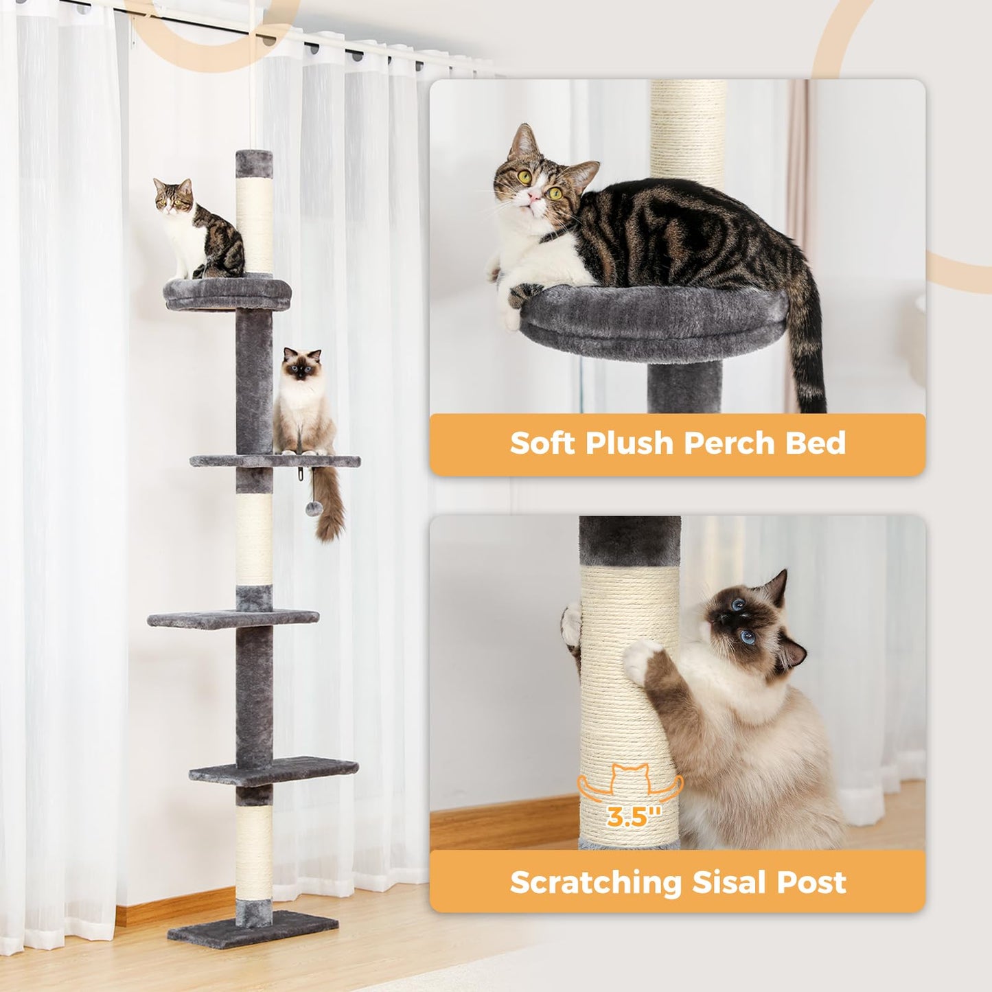 PAWZ Road Cat Tree 5-Tier Floor to Ceiling Cat Tower Height Adjustable, Tall Kitty Climbing Activity Center with Scratching Post, Cozy Bed, Dangling