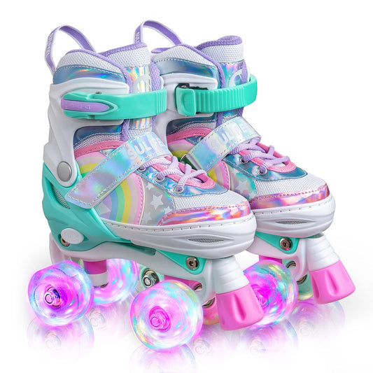 SULIFEEL Rainbow Unicorn 4 Size Adjustable Light up Roller Skates for Girls Boys for Kids - Large 2-5 UK
