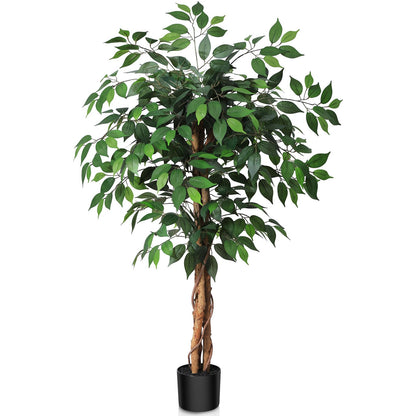 SOGUYI 120cm Artificial Ficus Tree with Natural Wood Trunk, Silk Fake Ficus Tree in Plastic Nursery Pot, Faux Plant for Office Home, Indoor Outdoor