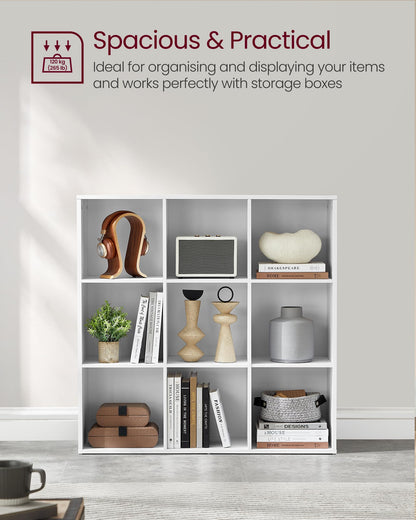 VASAGLE Bookcase, Bookshelf, Storage Shelf with 9 Compartments, Standing Shelf, Cube Shelf, for Living Room, Home Office, Dinning Room, Cloud White