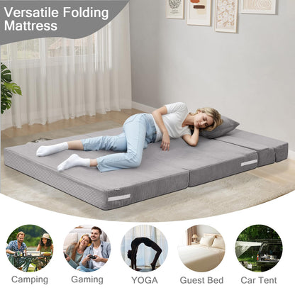 MeMoreCool Folding Mattress Double, Corduroy Fold Out Sofa Bed, Grey